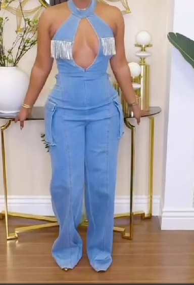Halter Neck Hollow Diamond Tassel Jumpsuit