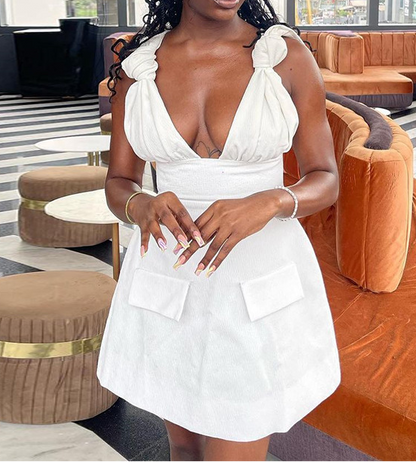 V-neck High-Waisted A-Line Slip Dress With Faux Pockets