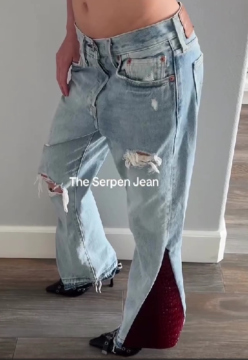 Ripped Denim Patchwork Faux Crocodile Skin Straight Leg Pants