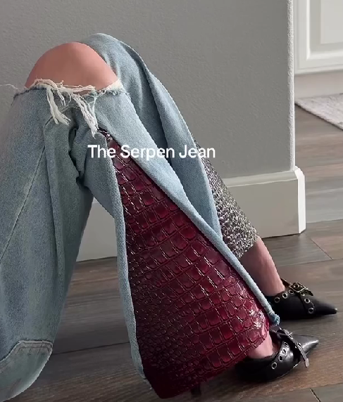 Ripped Denim Patchwork Faux Crocodile Skin Straight Leg Pants