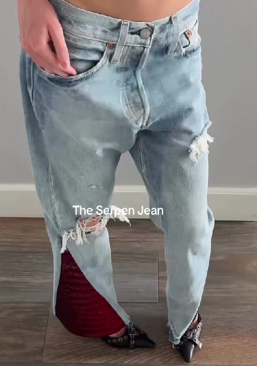 Ripped Denim Patchwork Faux Crocodile Skin Straight Leg Pants
