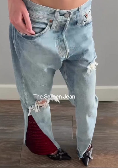 Ripped Denim Patchwork Faux Crocodile Skin Straight Leg Pants