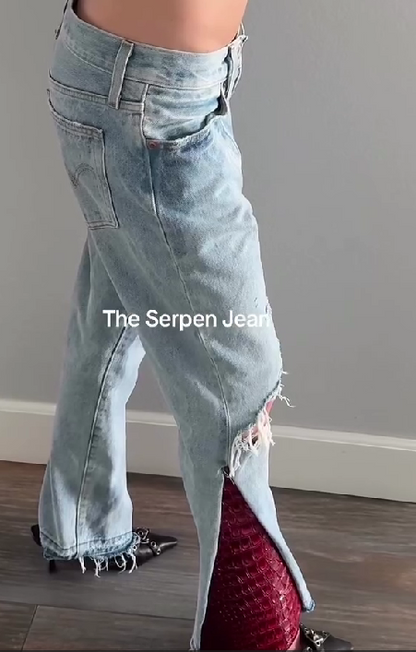 Ripped Denim Patchwork Faux Crocodile Skin Straight Leg Pants