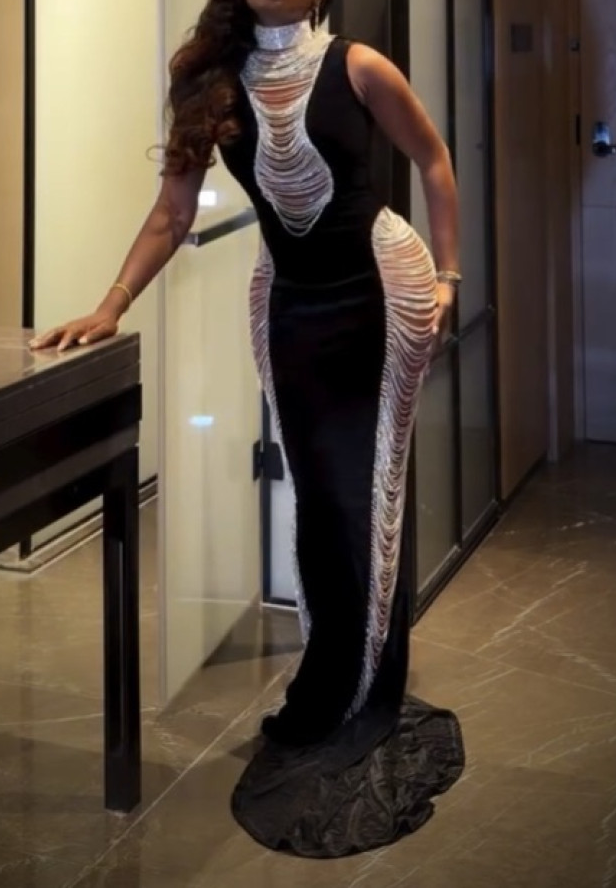 Openwork Chain Bodycon Silk Long Dress