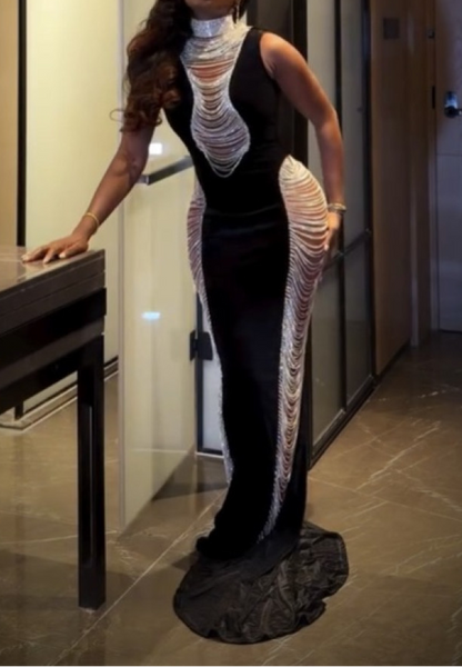 Openwork Chain Bodycon Silk Long Dress