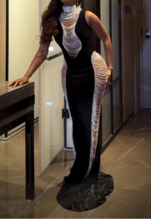 Openwork Chain Bodycon Silk Long Dress