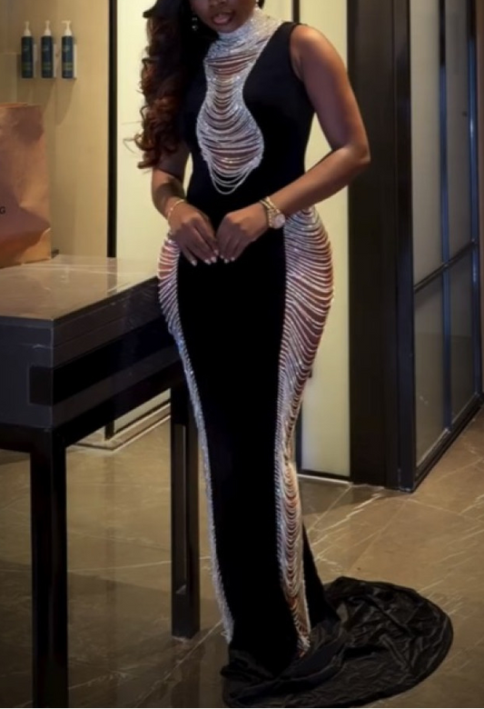 Openwork Chain Bodycon Silk Long Dress