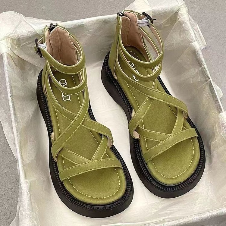 Cross-Strap Back Zipper Mid-Heel Roman Sandals