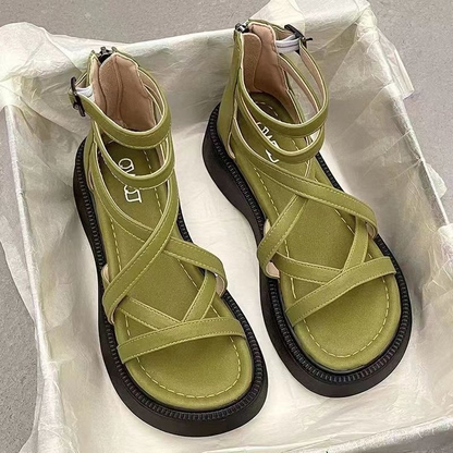 Cross-Strap Back Zipper Mid-Heel Roman Sandals