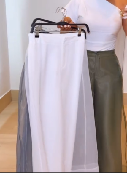 Double-Layer Organza Adjustable Back Waist Straight Leg Pants