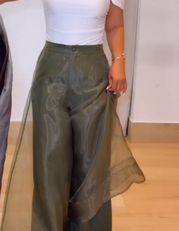 Double-Layer Organza Adjustable Back Waist Straight Leg Pants