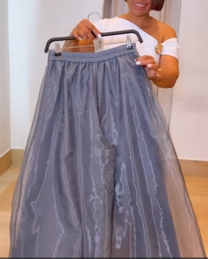 Double-Layer Organza Adjustable Back Waist Straight Leg Pants