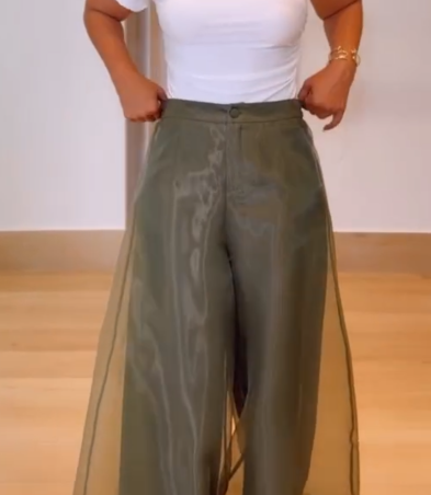 Double-Layer Organza Adjustable Back Waist Straight Leg Pants