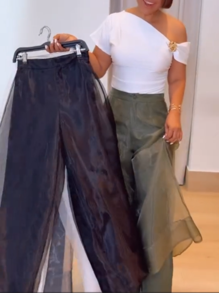 Double-Layer Organza Adjustable Back Waist Straight Leg Pants