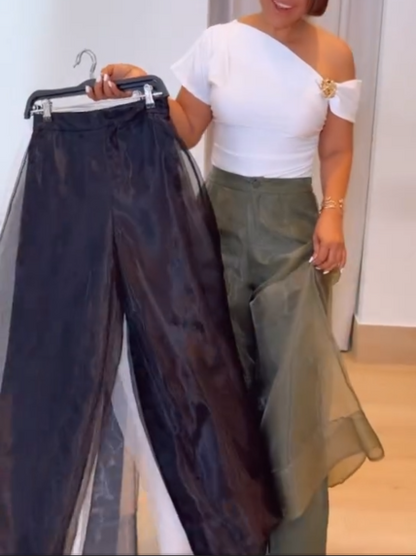 Double-Layer Organza Adjustable Back Waist Straight Leg Pants