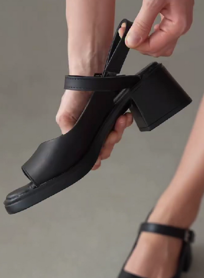 Strappy Square-Toe Peep-Toe Low Chunky Heel Sandals