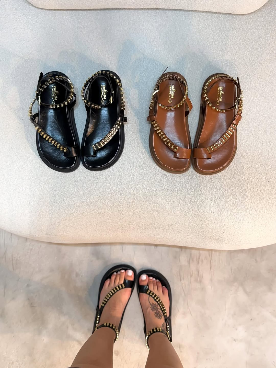 Round-Toe Rhinestone Leather Adjustable Sandals