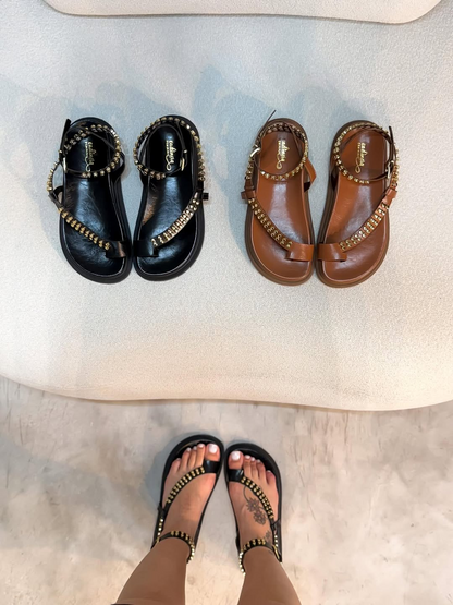 Round-Toe Rhinestone Leather Adjustable Sandals