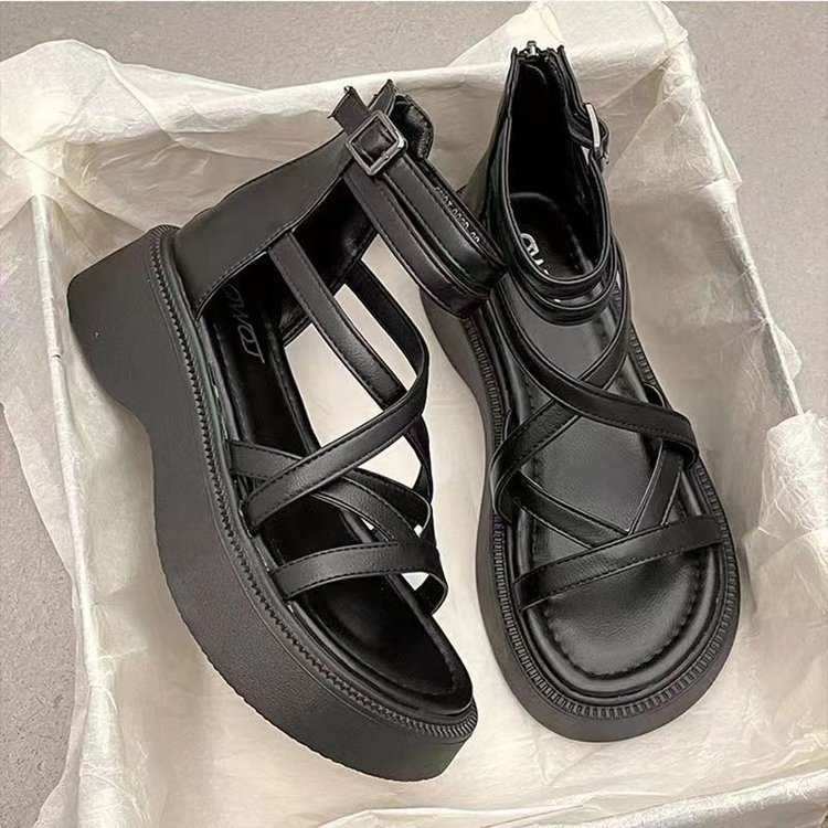 Cross-Strap Back Zipper Mid-Heel Roman Sandals