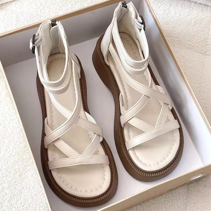 Cross-Strap Back Zipper Mid-Heel Roman Sandals