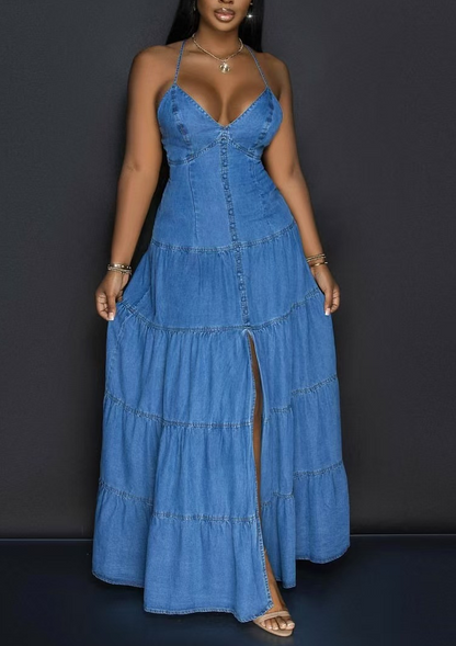 V-Neck Denim Overalls Jumpsuit