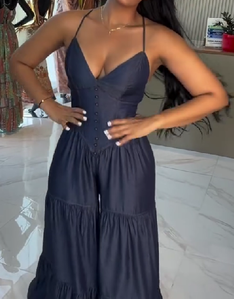 V-Neck Denim Overalls Jumpsuit