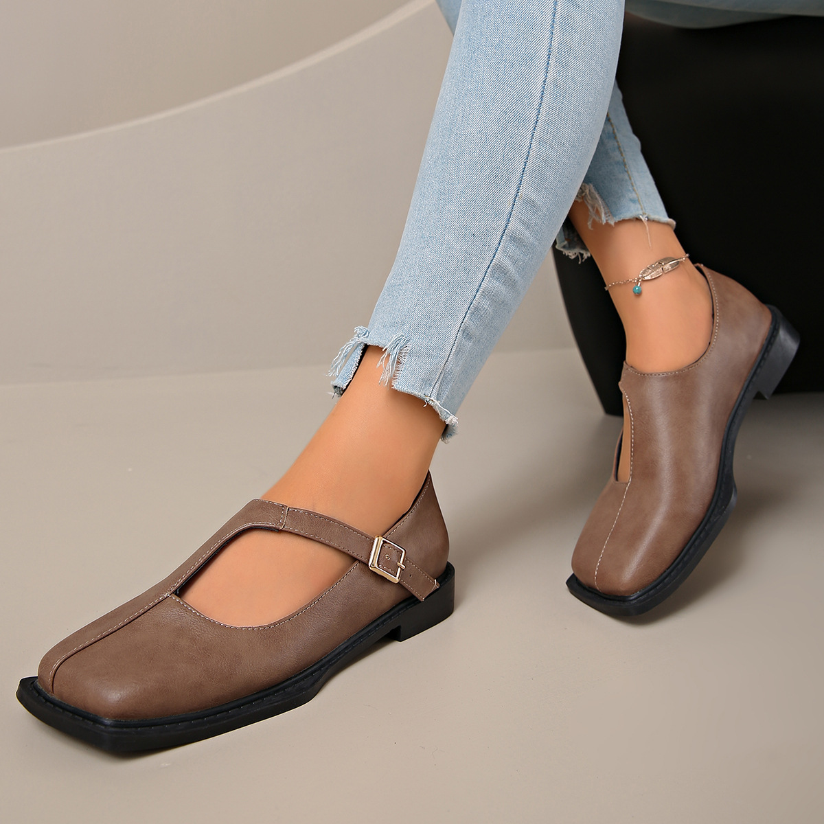 French-Style Square-Toe Patchwork Loafers