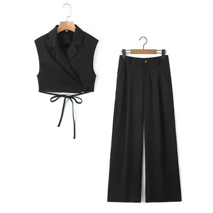 Guess Who V Neck Collared Blouse & Straight-Leg Trousers Suit