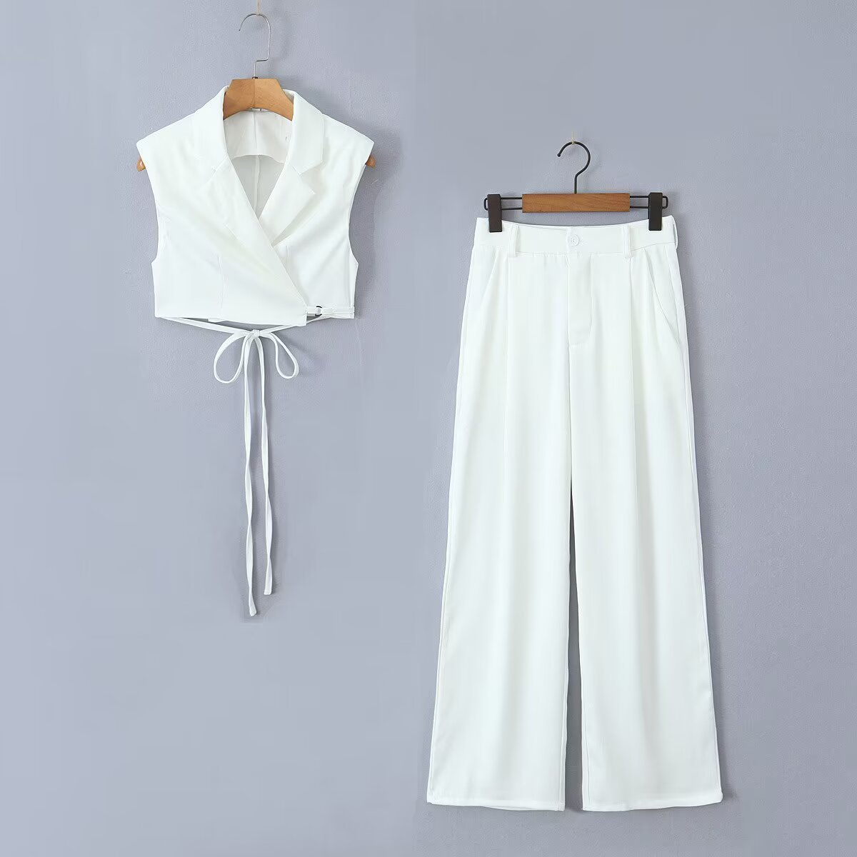 Guess Who V Neck Collared Blouse & Straight-Leg Trousers Suit