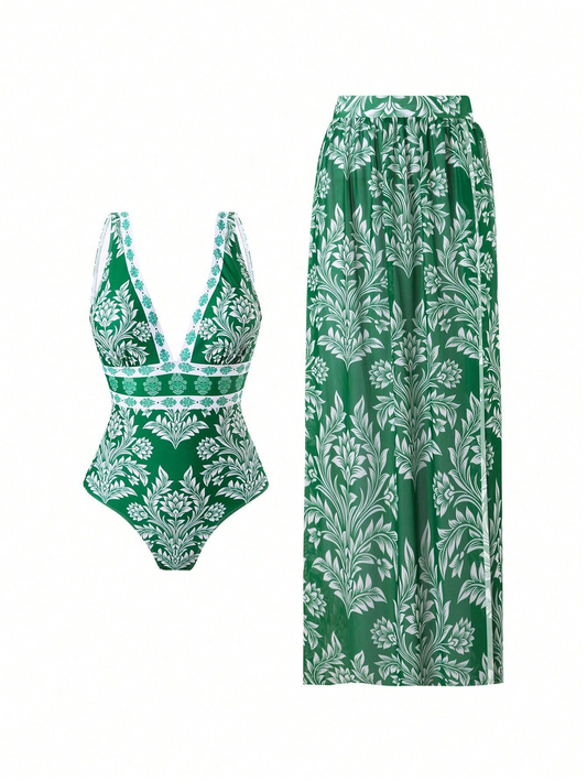 Chiffon Off-Shoulder V-Neck Onesie Swimsuit Set