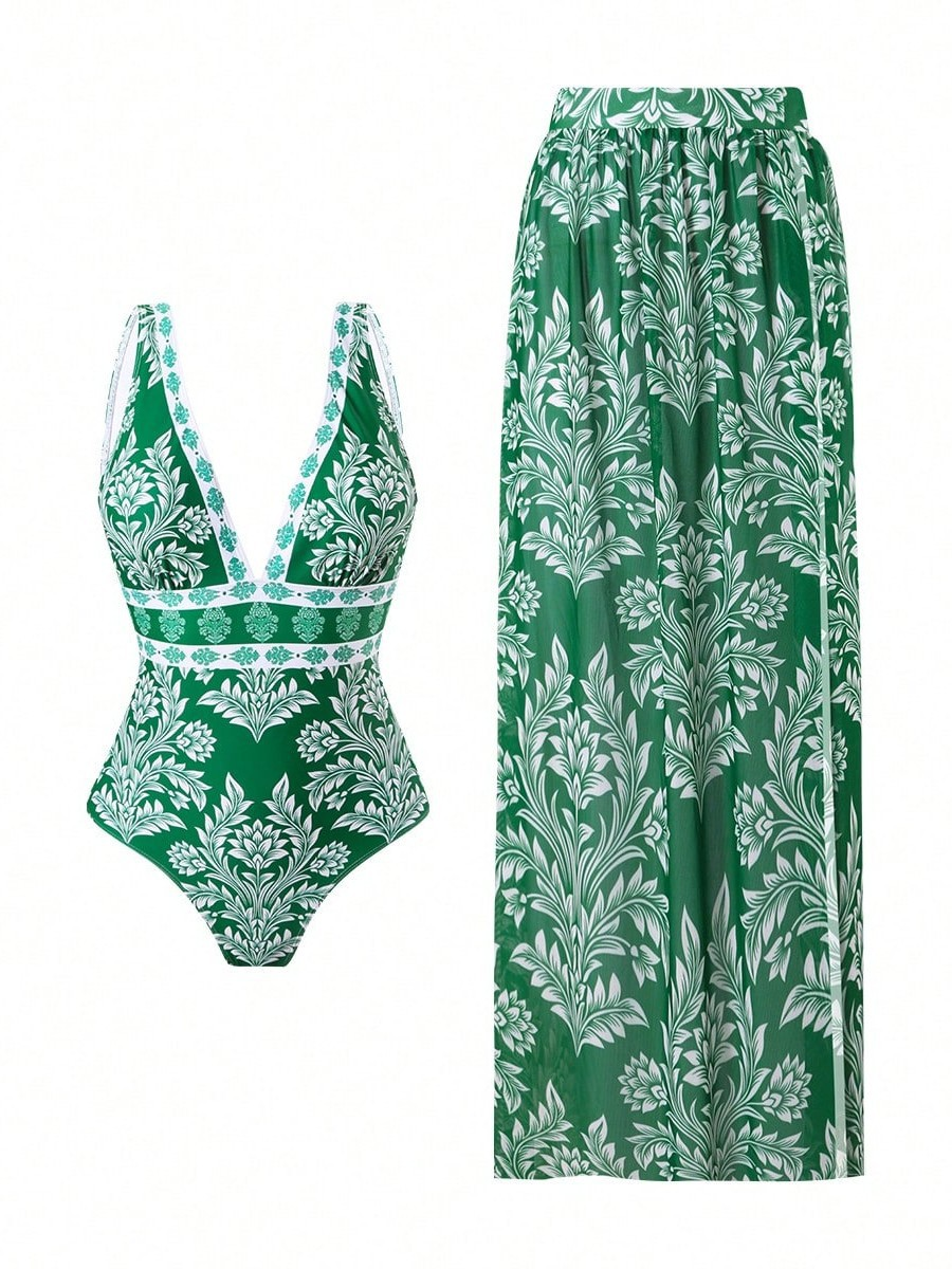 Chiffon Off-Shoulder V-Neck Onesie Swimsuit Set