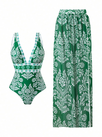 Chiffon Off-Shoulder V-Neck Onesie Swimsuit Set