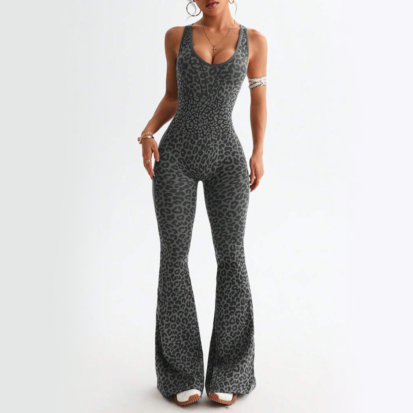 Leopard Print Cross Back Seamless Bodysuit Yoga Jumpsuit