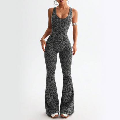 Leopard Print Cross Back Seamless Bodysuit Yoga Jumpsuit