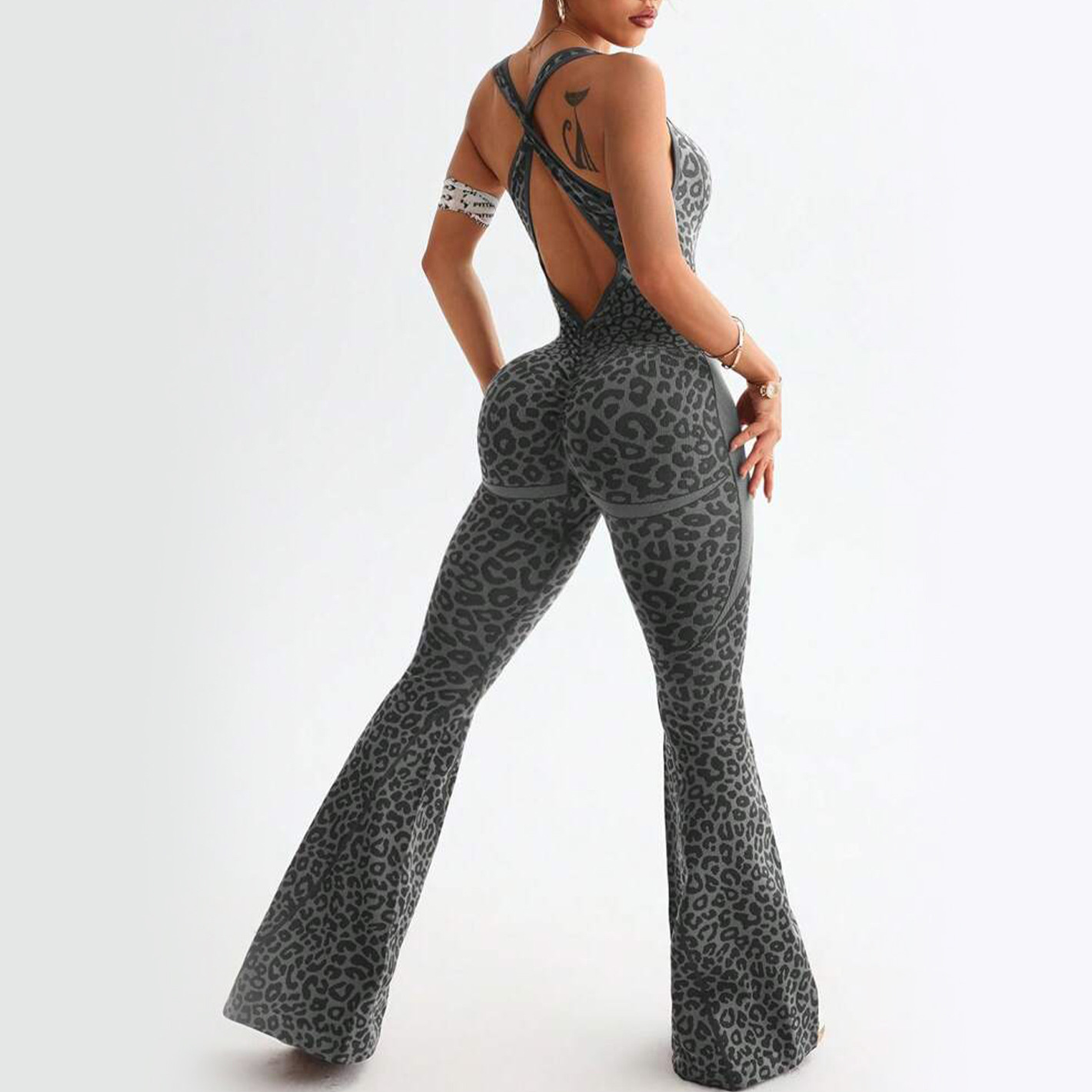 Leopard Print Cross Back Seamless Bodysuit Yoga Jumpsuit