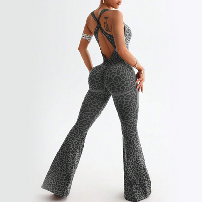Leopard Print Cross Back Seamless Bodysuit Yoga Jumpsuit