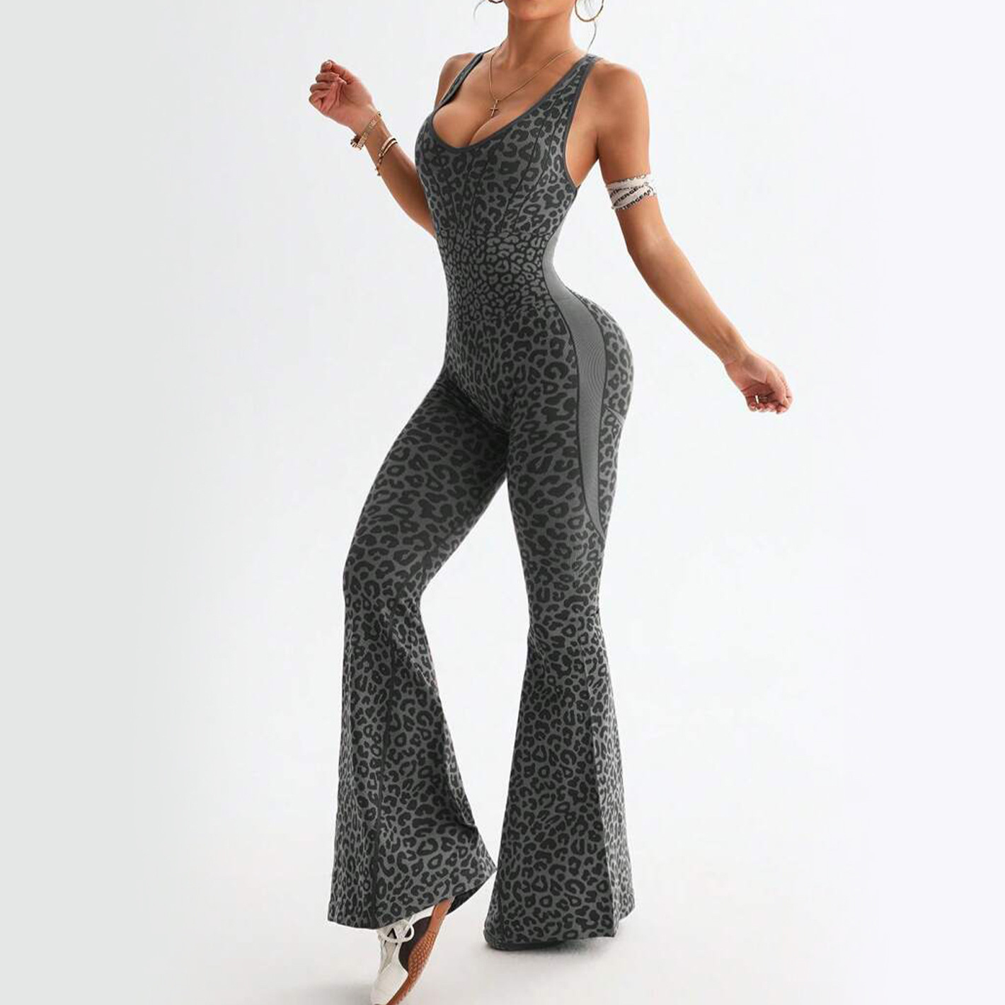 Leopard Print Cross Back Seamless Bodysuit Yoga Jumpsuit