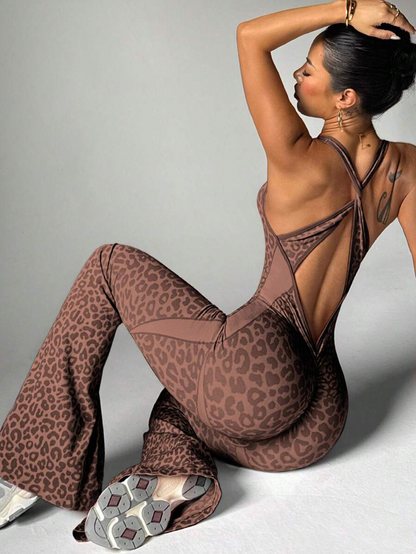 Leopard Print Cross Back Seamless Bodysuit Yoga Jumpsuit