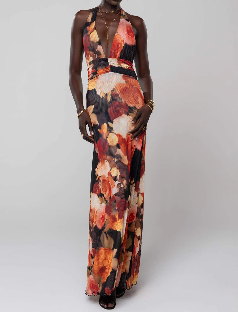 Slim-Fit Printed Halter Neck Dress