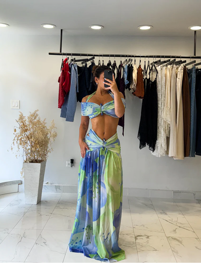 Floral Halo Blue Midi Skirt Set