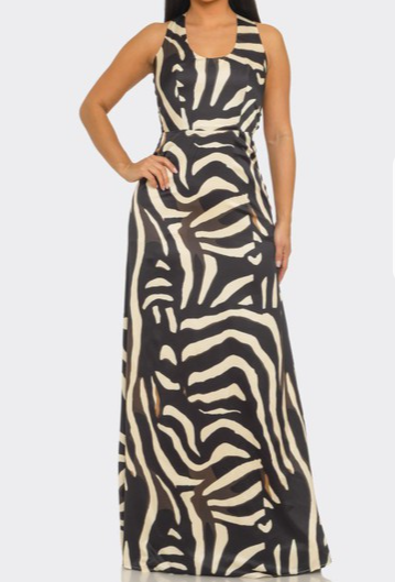 Wide-Shouldered Zebra-Print Maxi Dress