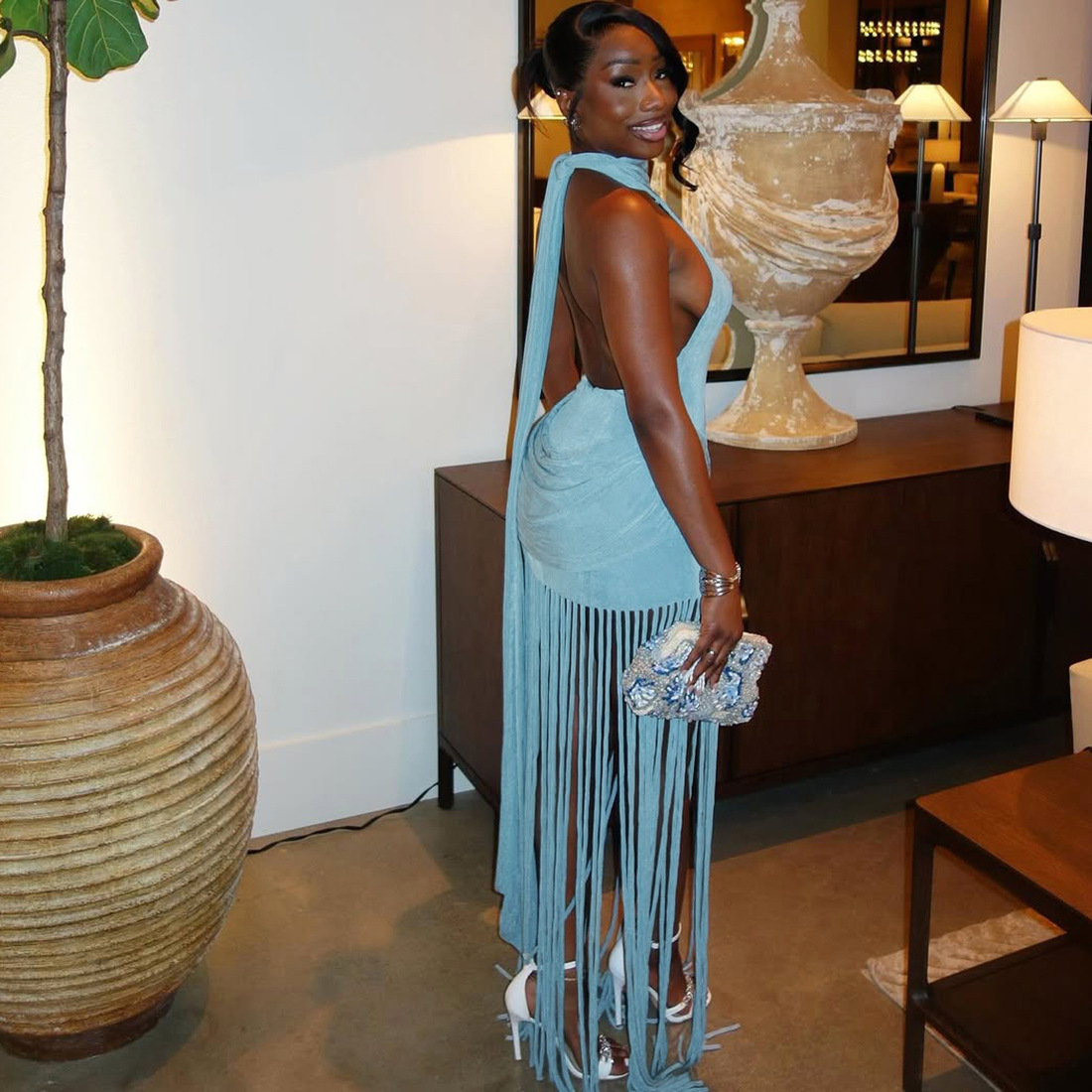 Solid Color Tassel Halter Neck Backless Dress