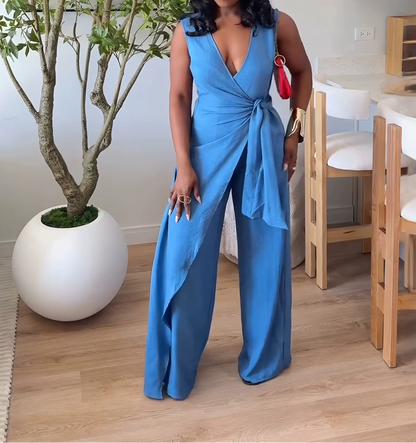 V-Neck Sleeveless Jumpsuit With Tie Design