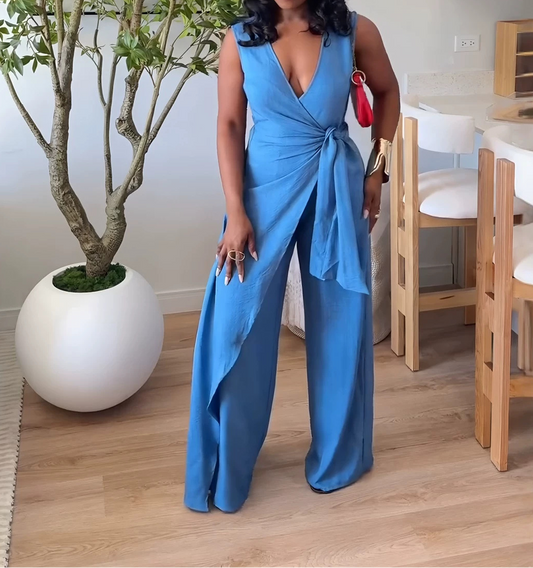 V-Neck Sleeveless Jumpsuit With Tie Design
