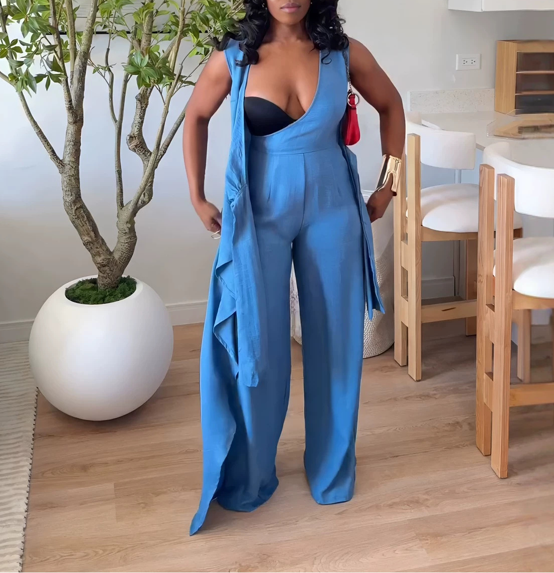 V-Neck Sleeveless Jumpsuit With Tie Design