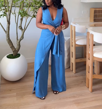 V-Neck Sleeveless Jumpsuit With Tie Design