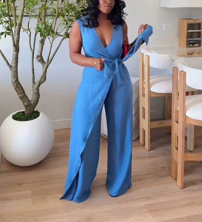 V-Neck Sleeveless Jumpsuit With Tie Design