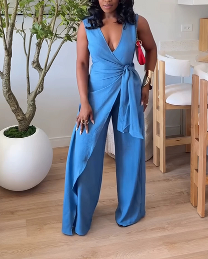 V-Neck Sleeveless Jumpsuit With Tie Design