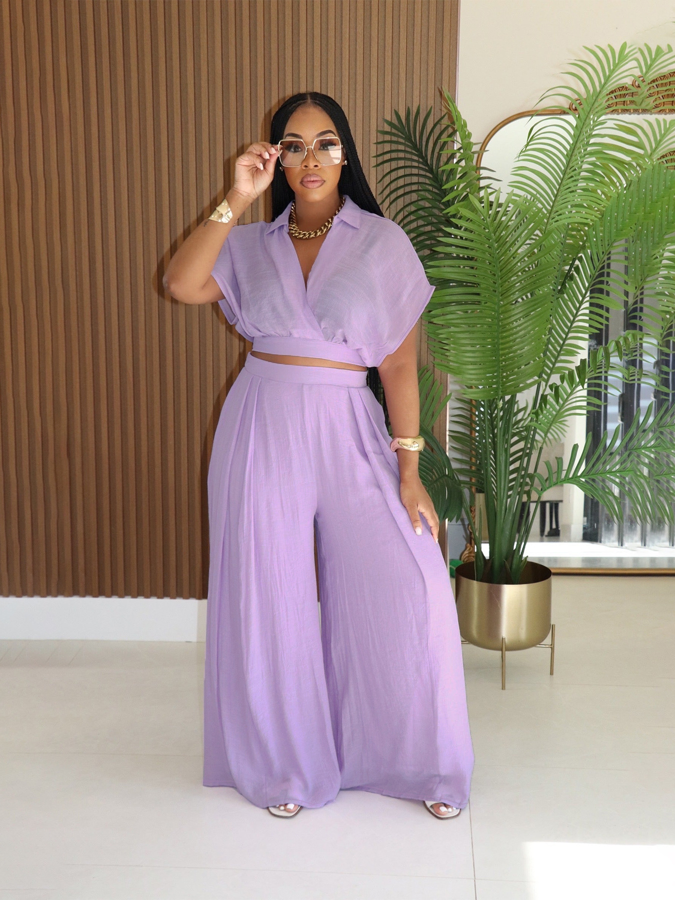 Collared Cropped Top & Wide-Leg Pants Vacation Style Set