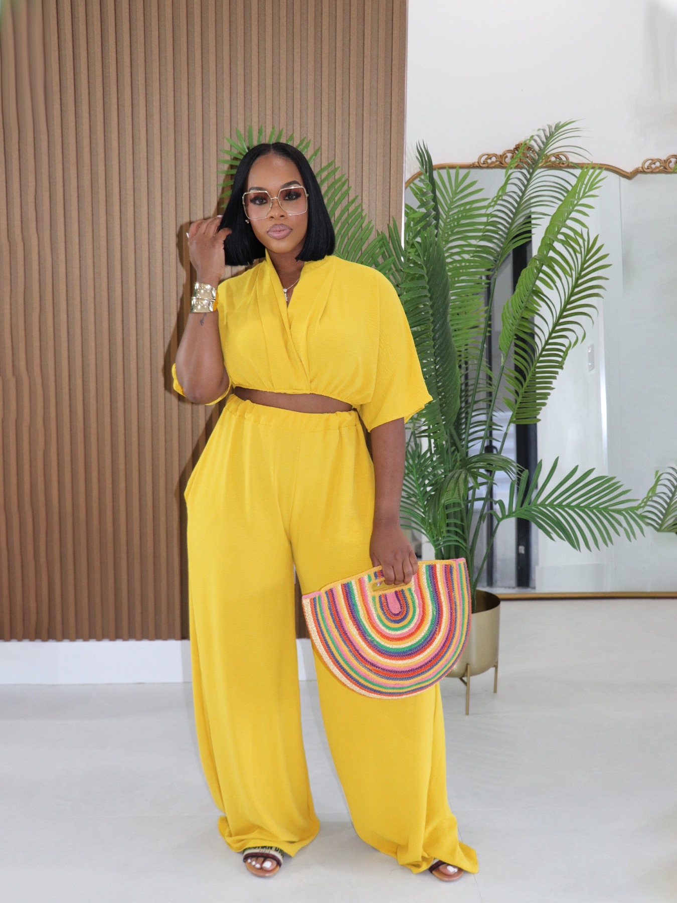 Collared Cropped Top & Wide-Leg Pants Vacation Style Set